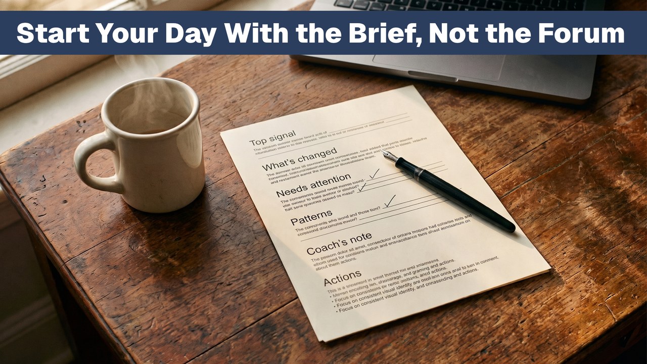 A printed daily brief with six headings and three items ticked, on a worn wooden table at first light beside a coffee mug, a fountain pen and a laptop, under the episode title.